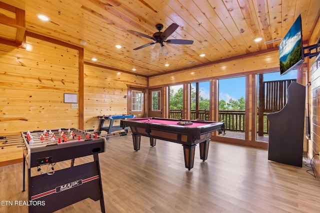 recreation room with wood ceiling, billiards table, recessed lighting, wood finished floors, and wood walls