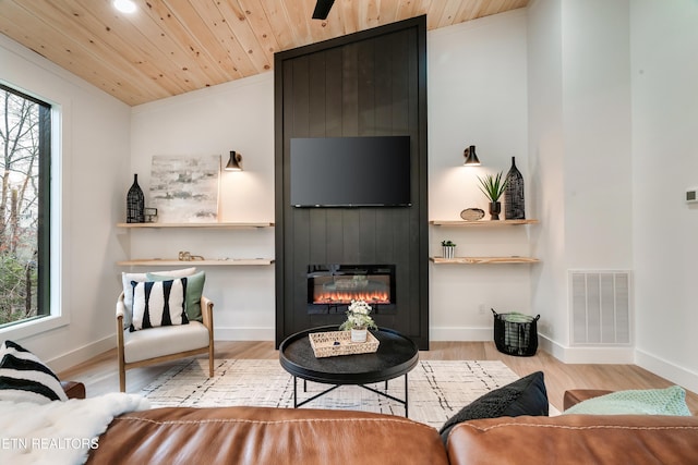 - Chinquapin Drive, Sevierville, TN 37876 - living area featuring visible vents, wood finished floors, baseboards, wood ceiling, and a large fireplace
