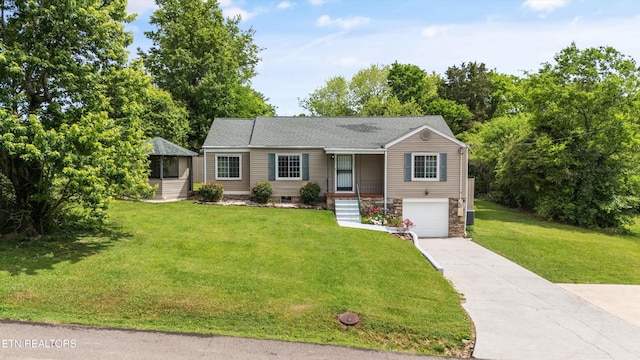 single story home featuring a front lawn, driveway, a garage, and stone siding