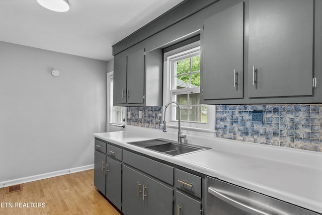 kitchen with gray cabinetry, dishwasher, visible vents, a sink, and light wood-style floors