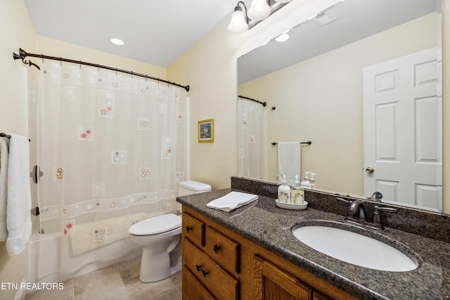 bathroom with toilet, vanity, shower / bath combination with curtain, and tile patterned flooring