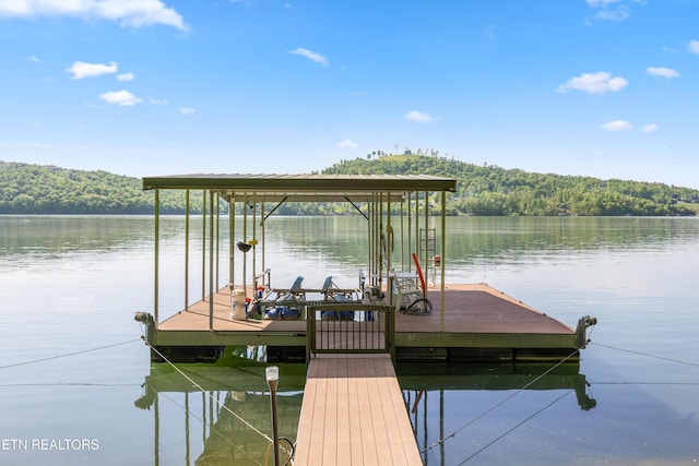 dock featuring a water view, a forest view, and boat lift