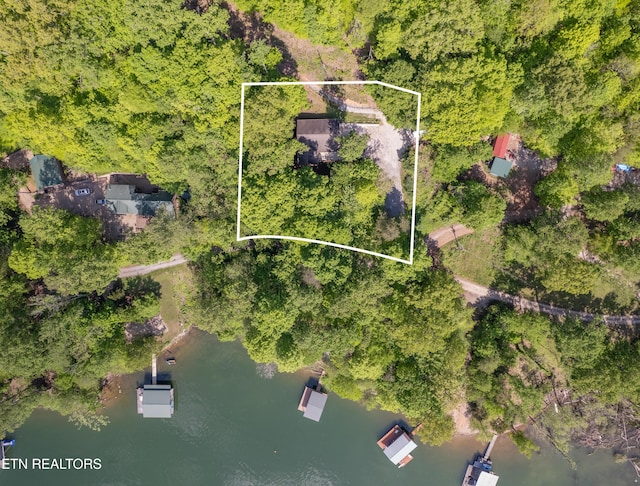 aerial view of property's location with property boundaries highlighted and a large body of water
