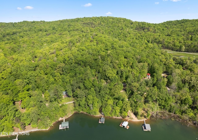 drone / aerial view of a heavily wooded area and a nearby body of water