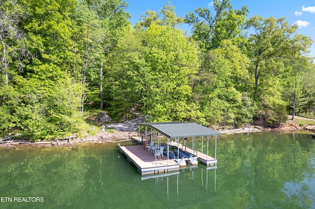 dock area with a view of trees and a water view