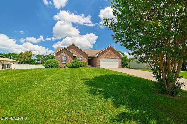 single story home featuring a garage, brick siding, and driveway