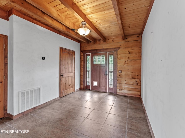 155 George Thomas Rd, Vonore, TN 37885 - entryway featuring baseboards, visible vents, wood ceiling, wooden walls, and beamed ceiling