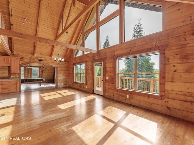 155 George Thomas Rd, Vonore, TN 37885 - unfurnished living room featuring light wood finished floors, wood walls, a chandelier, high vaulted ceiling, and beam ceiling