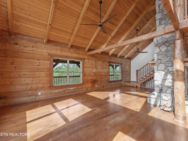 155 George Thomas Rd, Vonore, TN 37885 - unfurnished living room with high vaulted ceiling, beamed ceiling, and a ceiling fan