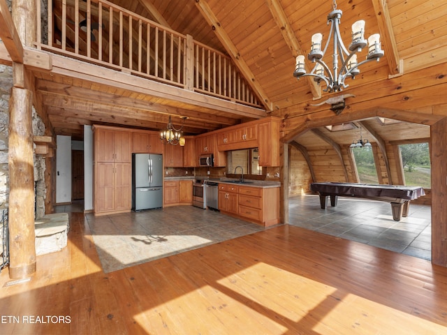 155 George Thomas Rd, Vonore, TN 37885 - kitchen with dark wood-style flooring, a sink, a chandelier, high vaulted ceiling, and stainless steel appliances