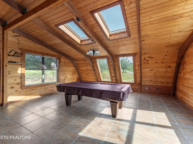 155 George Thomas Rd, Vonore, TN 37885 - game room featuring pool table, wood walls, wood ceiling, and lofted ceiling with skylight