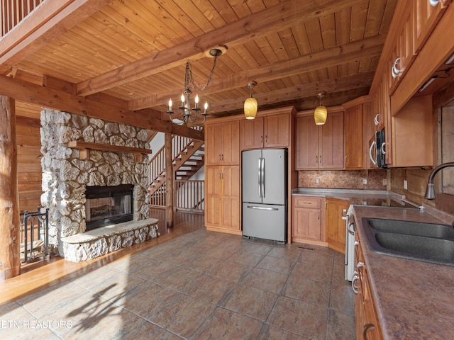 155 George Thomas Rd, Vonore, TN 37885 - kitchen with an inviting chandelier, a sink, stainless steel appliances, wooden ceiling, and decorative backsplash