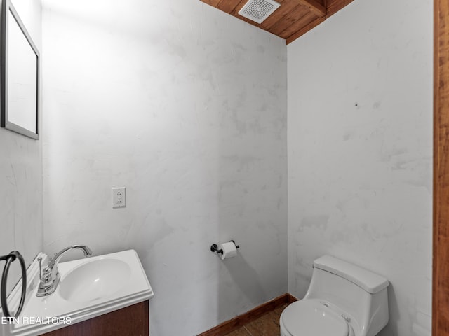 155 George Thomas Rd, Vonore, TN 37885 - bathroom with lofted ceiling, toilet, visible vents, wood ceiling, and vanity
