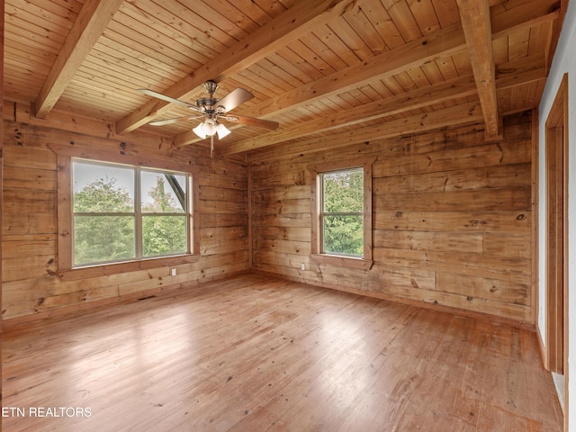 155 George Thomas Rd, Vonore, TN 37885 - empty room featuring beam ceiling, wood walls, a ceiling fan, and light wood-style floors