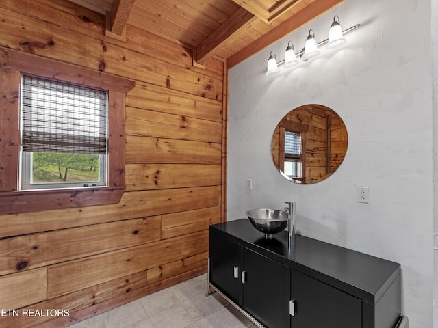 155 George Thomas Rd, Vonore, TN 37885 - interior space with wood walls, wooden ceiling, beam ceiling, and a sink