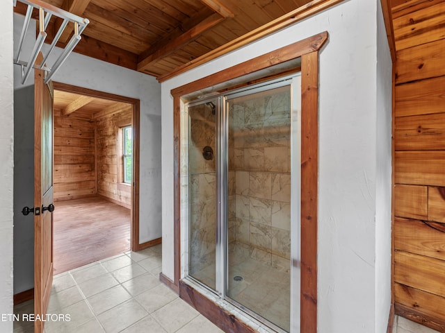 155 George Thomas Rd, Vonore, TN 37885 - bathroom featuring tile patterned flooring, wood ceiling, baseboards, and a shower stall
