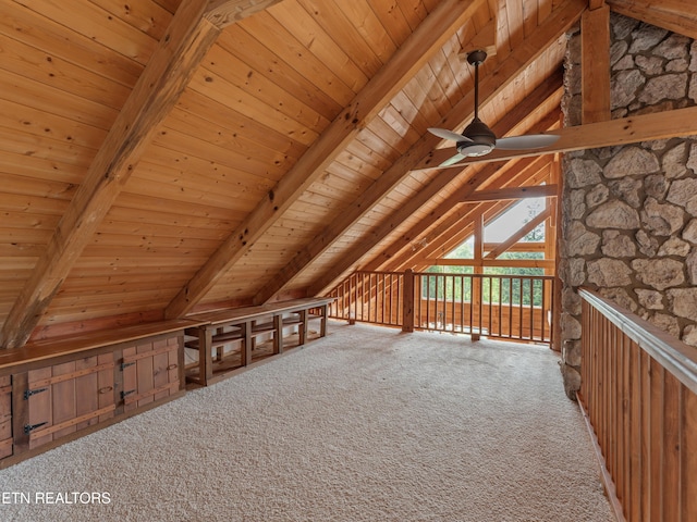 155 George Thomas Rd, Vonore, TN 37885 - additional living space with ceiling fan, carpet flooring, wooden ceiling, and vaulted ceiling with beams