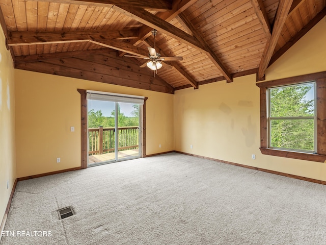 155 George Thomas Rd, Vonore, TN 37885 - carpeted empty room featuring lofted ceiling with beams, visible vents, baseboards, ceiling fan, and wooden ceiling