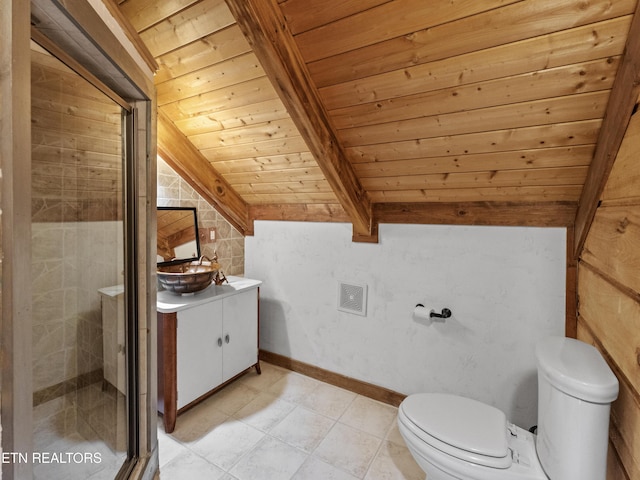 155 George Thomas Rd, Vonore, TN 37885 - full bathroom featuring toilet, a stall shower, lofted ceiling with beams, wooden ceiling, and vanity