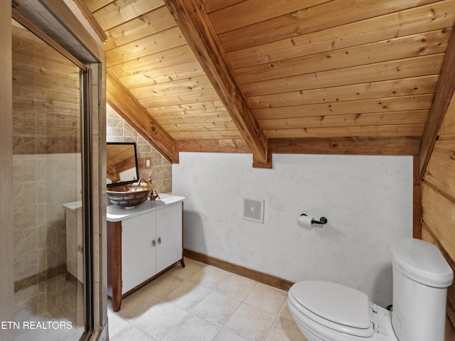 155 George Thomas Rd, Vonore, TN 37885 - full bathroom with toilet, vanity, visible vents, wooden ceiling, and a stall shower