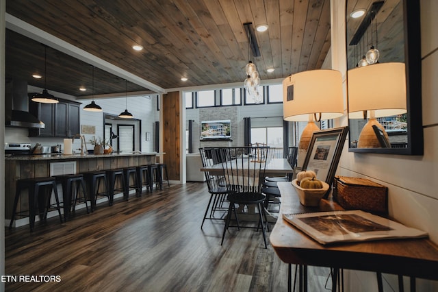 dining space with wooden ceiling, dark wood-type flooring, and recessed lighting