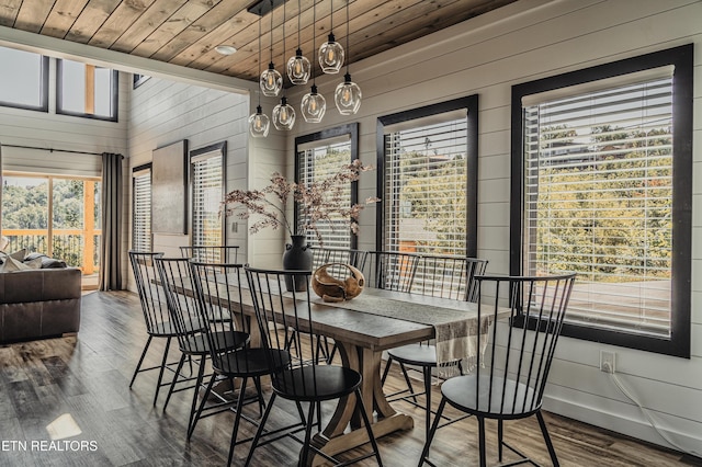 dining area with plenty of natural light, wood walls, wood ceiling, and wood finished floors
