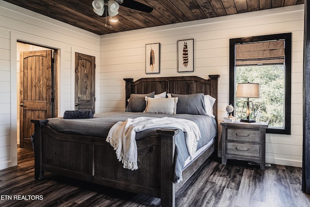 bedroom with wooden walls, dark wood finished floors, and wood ceiling