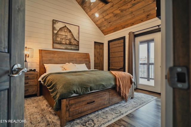 bedroom with lofted ceiling, wood walls, wood finished floors, wood ceiling, and access to outside