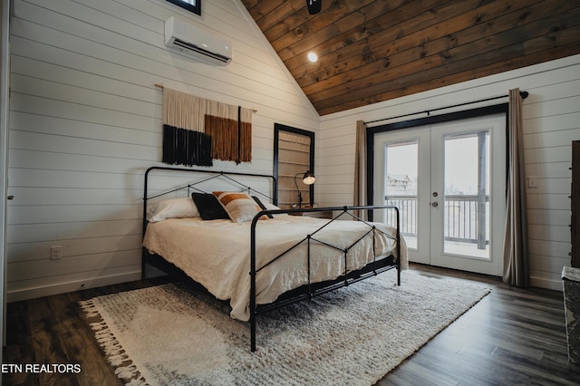 bedroom with vaulted ceiling, wooden walls, a wall mounted AC, wood ceiling, and access to outside