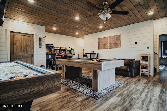playroom with wood finished floors, ceiling fan, wooden walls, billiards, and wood ceiling