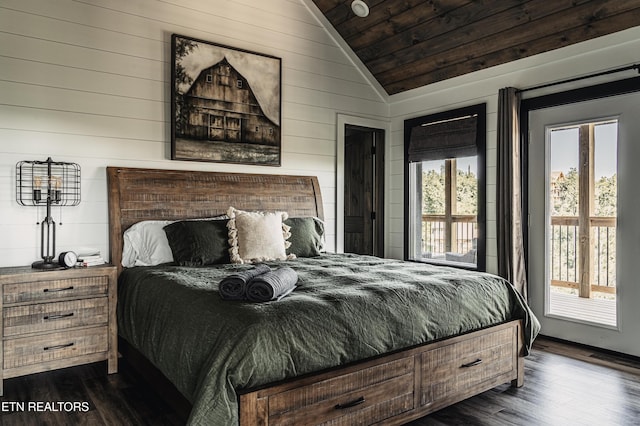 bedroom with dark wood finished floors, wood ceiling, wooden walls, access to outside, and vaulted ceiling