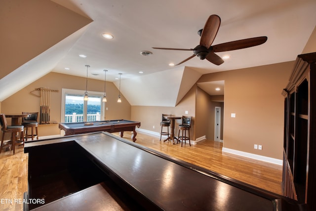 1012 Falcon Crest Dr, Seymour, TN 37865 - rec room featuring lofted ceiling, ceiling fan, pool table, and light wood-type flooring