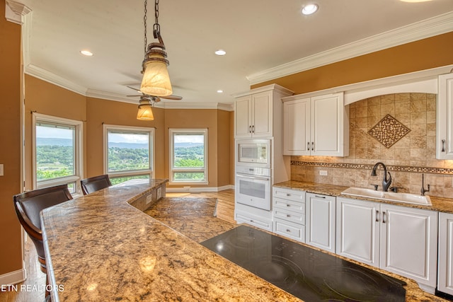 1012 Falcon Crest Dr, Seymour, TN 37865 - kitchen featuring wood finished floors, a sink, white cabinetry, white appliances, and ornamental molding