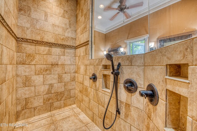 1012 Falcon Crest Dr, Seymour, TN 37865 - details with crown molding, ceiling fan, tiled shower, and recessed lighting