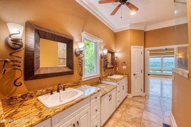 1012 Falcon Crest Dr, Seymour, TN 37865 - bathroom featuring ceiling fan, ornamental molding, double vanity, and a sink