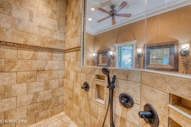 1012 Falcon Crest Dr, Seymour, TN 37865 - bathroom featuring a ceiling fan, a tile shower, and ornamental molding