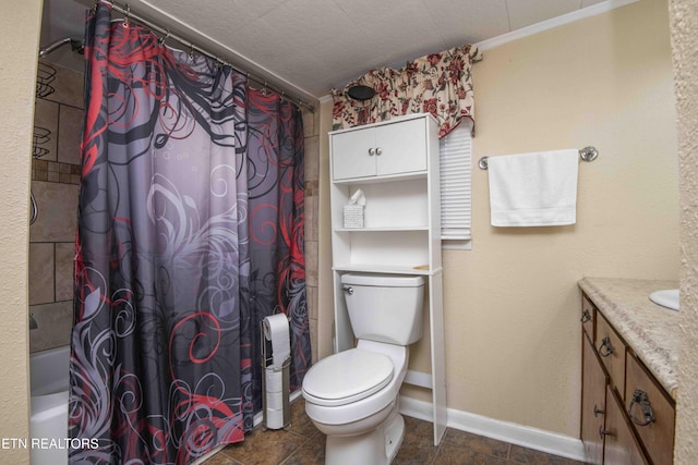 941 Pine Top St, Lenoir City, TN 37772 - bathroom featuring vanity, baseboards, toilet, shower / tub combo with curtain, and ornamental molding