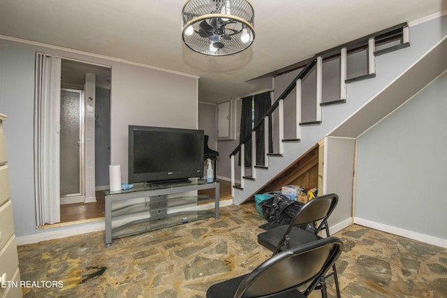 941 Pine Top St, Lenoir City, TN 37772 - living area featuring baseboards, stone finish flooring, and stairway