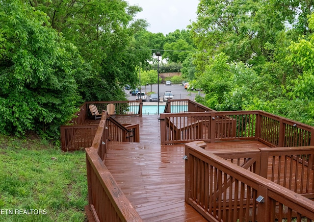 deck with a fenced in pool