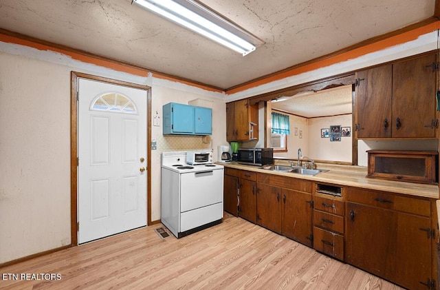 kitchen featuring light countertops, stainless steel microwave, a sink, light wood finished floors, and range