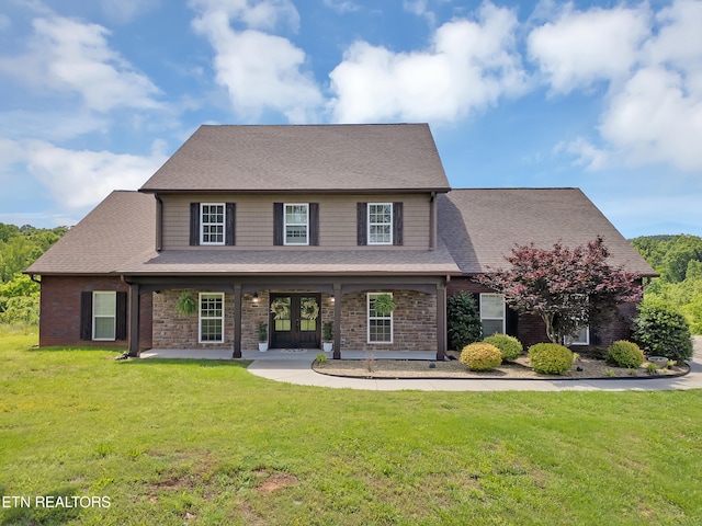 1810 Griffitts Mill Cir, Maryville, TN 37803 - view of front facade featuring french doors, a front lawn, roof with shingles, and brick siding