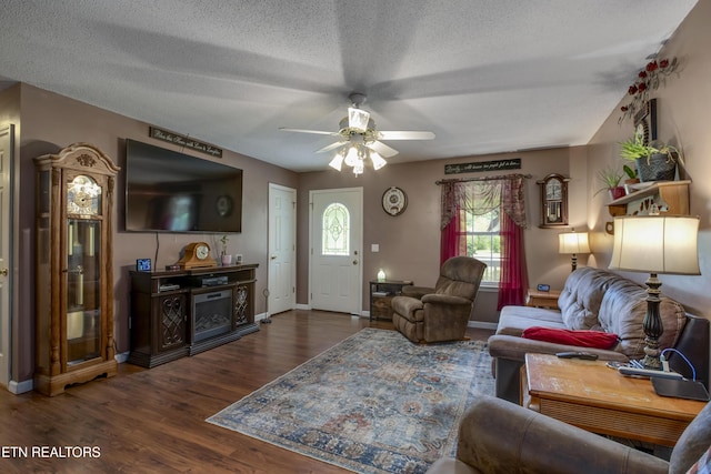 325 Correll Ridge Rd, Decatur, TN 37322 - living room featuring ceiling fan, wood finished floors, baseboards, and a textured ceiling
