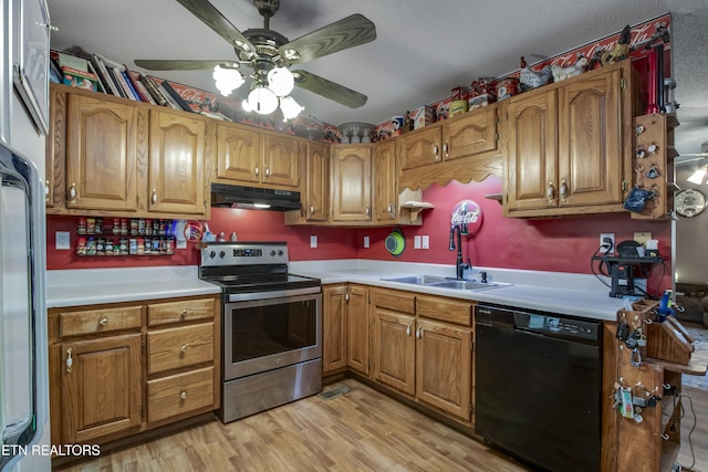 325 Correll Ridge Rd, Decatur, TN 37322 - kitchen featuring dishwasher, stainless steel electric range oven, under cabinet range hood, a sink, and ceiling fan
