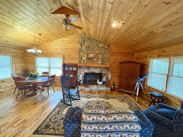living area with lofted ceiling, wood ceiling, hardwood / wood-style floors, and wood walls