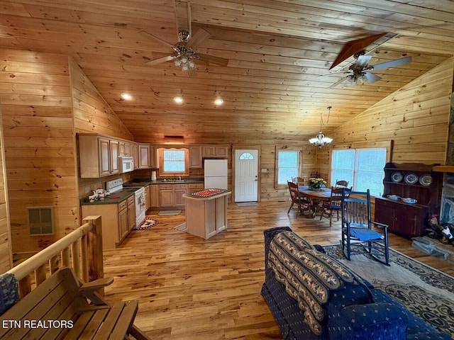 kitchen with wood ceiling, ceiling fan with notable chandelier, dark countertops, white appliances, and vaulted ceiling
