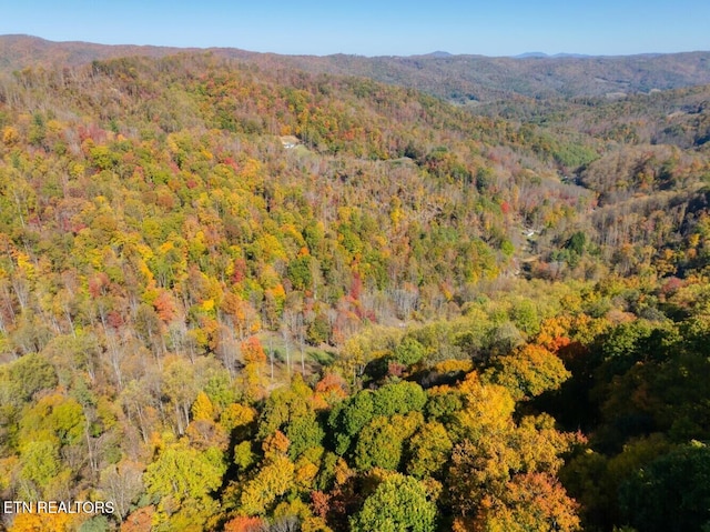 birds eye view of property with a mountain view and a wooded view