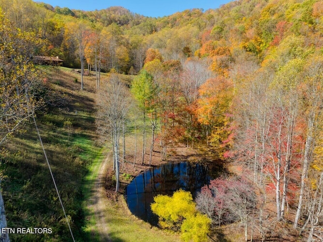 aerial view with a water view and a forest view