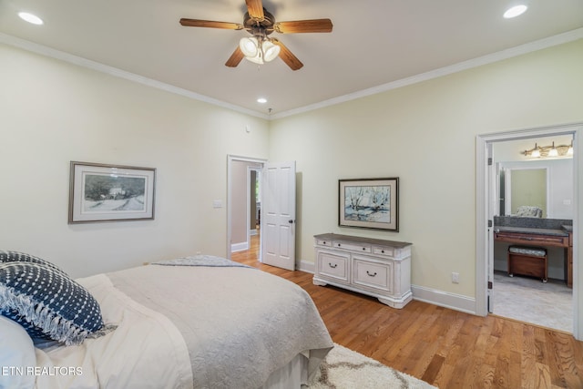 205 Melea Ln, Kingston, TN 37763 - bedroom featuring baseboards, crown molding, light wood finished floors, recessed lighting, and ensuite bath