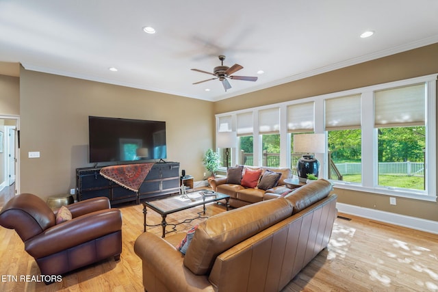205 Melea Ln, Kingston, TN 37763 - living room with ceiling fan, recessed lighting, light wood-style flooring, ornamental molding, and baseboards