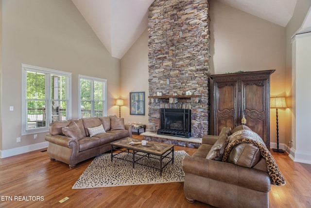 205 Melea Ln, Kingston, TN 37763 - living area with baseboards, high vaulted ceiling, a fireplace, and light wood-style floors